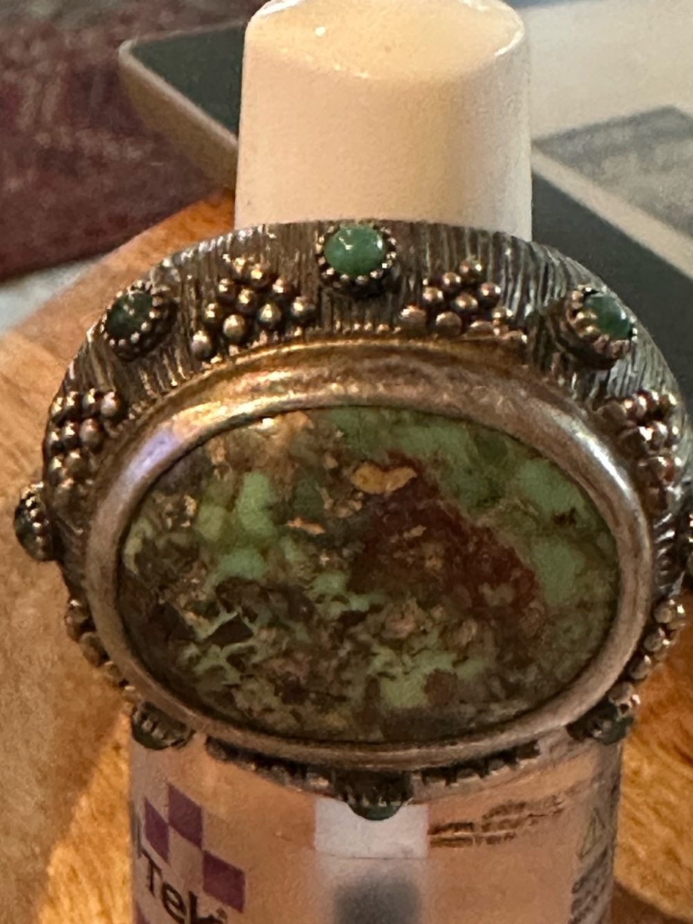 Chunky Silver Ring with Green Turquoise Cabochon - Picture 3 of 4